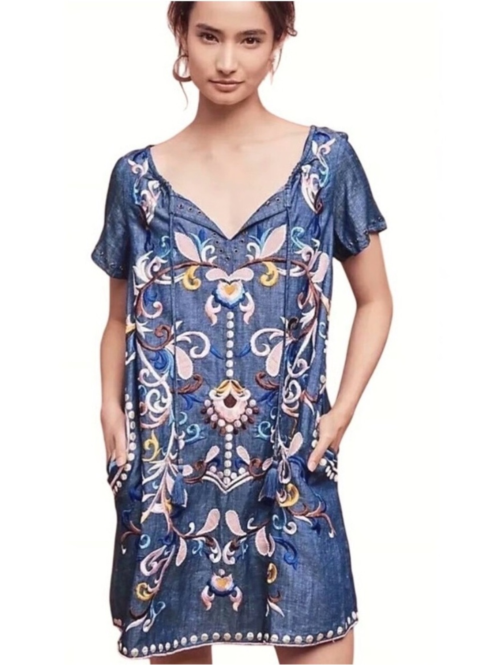 Anthropologie Embroidered Blue Shift Dress with Tassel Ties
